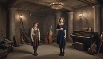 short hair,multiple girls,brown hair,long sleeves,dress,2girls,jewelry,standing,jacket,closed eyes,pantyhose,shoes,indoors,necklace,black footwear,blue dress,white jacket,instrument,stairs,music,guitar,lamp,playing instrument,violin,drum,piano,chandelier,grand piano,looking at viewer,smile,bangs,skirt,shirt,black hair,hat,brown eyes,closed mouth,white shirt,short sleeves,boots,black skirt,vest,lips,makeup,bob cut,lipstick,box,red lips,wide shot,pillar