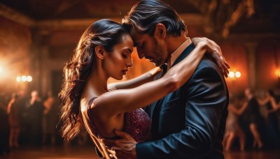 1girl,long hair,breasts,short hair,black hair,1boy,dress,bare shoulders,jacket,closed eyes,upper body,hetero,necktie,indoors,dark skin,blurry,from side,lips,dutch angle,hug,makeup,blurry background,facial hair,formal,red dress,suit,couple,lipstick,beard,realistic,dancing,brown hair,jewelry,earrings,depth of field,curly hair,mustache,light,manly,hand on another's back,tuxedo