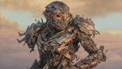 solo,1boy,upper body,male focus,outdoors,sky,cloud,orange eyes,hand on hip,no humans,glowing,robot,mecha,1other,science fiction,humanoid robot,day,armor,blue sky,glowing eyes,damaged,looking ahead,desert,mechanical parts