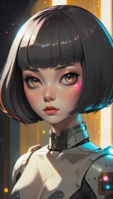 1girl,solo,breasts,looking at viewer,short hair,bangs,black hair,brown eyes,closed mouth,upper body,parted lips,shiny,artist name,blunt bangs,lips,orange eyes,eyelashes,bodysuit,makeup,bob cut,lipstick,portrait,eyeshadow,freckles,science fiction,nose,red lips,eyeliner,cyborg,mascara,blush,small breasts,armor,expressionless,light particles,backlighting,pink lips