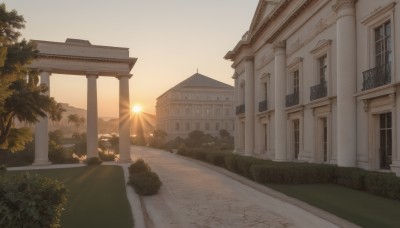 outdoors,sky,cloud,tree,no humans,window,sunlight,grass,plant,building,scenery,sunset,mountain,sun,road,bush,architecture,house,pillar,path,sunrise,door,street,arch,column