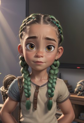 1girl,solo,long hair,looking at viewer,smile,brown hair,shirt,twintails,brown eyes,closed mouth,collarbone,upper body,braid,short sleeves,multicolored hair,green hair,indoors,bag,blurry,twin braids,flat chest,lips,blurry background,arms behind back,thick eyebrows,child,hair over shoulder,forehead,freckles,hands on hips,female child,black hair,hair ornament,jewelry,earrings,artist name,sunlight,backpack,zipper,doll,nose