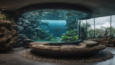 outdoors,sky,day,cloud,water,tree,no humans,ocean,scenery,fish,rock,watercraft,whale,indoors,window,cloudy sky,plant,nature