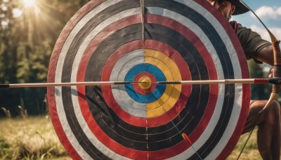 solo,gloves,1boy,hat,holding,weapon,male focus,outdoors,sky,day,cloud,holding weapon,blurry,tree,blurry background,sunlight,dark-skinned male,grass,nature,forest,shield,bow (weapon),arrow (projectile),sun,brown pants,holding bow (weapon),archery,from behind,depth of field,facial hair,polearm,sleeves rolled up,realistic