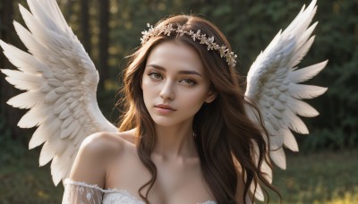 1girl,solo,long hair,breasts,looking at viewer,brown hair,hair ornament,dress,cleavage,bare shoulders,brown eyes,medium breasts,collarbone,upper body,flower,parted lips,wings,hair flower,white dress,blurry,lips,depth of field,blurry background,feathered wings,angel wings,realistic,nose,white wings,angel,head wreath,day,off shoulder,sunlight,portrait,nature