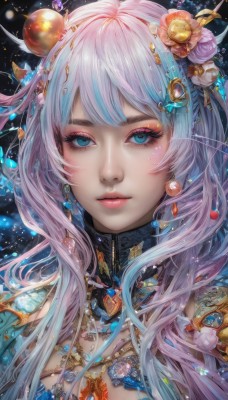 1girl,solo,long hair,breasts,looking at viewer,bangs,blue eyes,hair ornament,cleavage,jewelry,closed mouth,blue hair,upper body,pink hair,flower,white hair,multicolored hair,earrings,artist name,hair flower,necklace,two-tone hair,lips,eyelashes,gradient hair,makeup,lipstick,gem,portrait,light particles,close-up,pink flower,pendant,eyeshadow,crystal,pink lips,realistic,nose,eyeliner,mascara,parted lips,streaked hair,expressionless