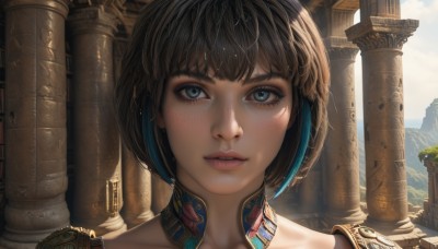 1girl,solo,looking at viewer,short hair,bangs,blue eyes,brown hair,black hair,blue hair,collarbone,multicolored hair,outdoors,parted lips,day,two-tone hair,lips,eyelashes,bob cut,portrait,close-up,freckles,science fiction,realistic,nose,ruins,pillar,sky,teeth,choker,cloud,makeup,scenery,mountain