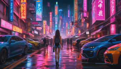 1girl, long hair, black hair, outdoors, bag, night, ground vehicle, building, scenery, motor vehicle, reflection, rain, city, car, road, vehicle focus, street, cyberpunk, neon lights, sports car