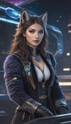 1girl,solo,long hair,breasts,looking at viewer,brown hair,gloves,animal ears,cleavage,brown eyes,jewelry,medium breasts,earrings,cat ears,mole,blurry,lips,coat,fur trim,makeup,blurry background,lipstick,ground vehicle,gem,motor vehicle,science fiction,red lips,car,black hair,holding,weapon,signature,necklace,holding weapon,wavy hair,wolf ears,forehead,realistic