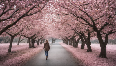 1girl, solo, long hair, brown hair, standing, boots, outdoors, pants, bag, from behind, tree, coat, brown footwear, cherry blossoms, scenery, walking, road, wide shot