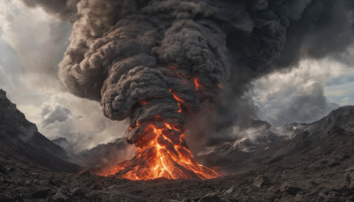 outdoors, sky, cloud, no humans, glowing, cloudy sky, fire, scenery, smoke, monster, mountain, molten rock