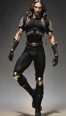 solo,long hair,looking at viewer,brown hair,shirt,black hair,gloves,1boy,brown eyes,standing,full body,white hair,short sleeves,male focus,multicolored hair,boots,black gloves,belt,pants,black footwear,armor,two-tone hair,black shirt,muscular,facial hair,black pants,beard,cross-laced footwear,walking,mustache,knee pads,leather,bandolier,realistic