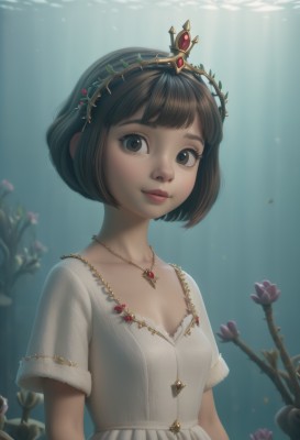 1girl,solo,breasts,looking at viewer,smile,short hair,bangs,brown hair,dress,cleavage,brown eyes,jewelry,closed mouth,collarbone,upper body,flower,short sleeves,small breasts,artist name,necklace,white dress,black eyes,lips,sunlight,bob cut,tiara,crown,plant,gem,pendant,light rays,underwater,nose,purple flower,arms at sides,sunbeam,eyelashes,freckles,air bubble