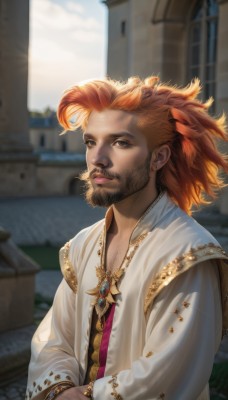 solo,looking at viewer,brown hair,long sleeves,1boy,brown eyes,jewelry,closed mouth,upper body,male focus,earrings,outdoors,sky,day,cloud,medium hair,necklace,orange hair,blurry,bracelet,blue sky,lips,depth of field,blurry background,facial hair,own hands together,feathers,building,gem,beard,robe,realistic,feather hair ornament,signature