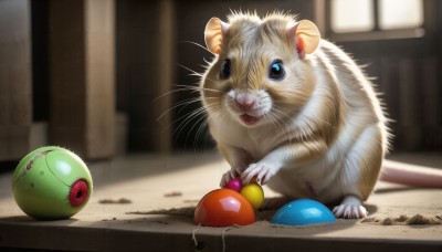 HQ,looking at viewer,open mouth,blue eyes,full body,indoors,blurry,black eyes,no humans,depth of field,blurry background,animal,cat,claws,ball,realistic,animal focus,mouse,whiskers,window