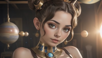 1girl,solo,looking at viewer,smile,short hair,brown hair,hair ornament,bare shoulders,brown eyes,jewelry,closed mouth,earrings,dark skin,hair bun,blurry,dark-skinned female,lips,eyelashes,double bun,makeup,blurry background,gem,portrait,eyeshadow,freckles,realistic,nose,bangs,close-up,gold