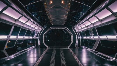 dutch angle,no humans,ground vehicle,star (sky),scenery,science fiction,light,space,train,spacecraft,lights,train station,indoors,window,reflection