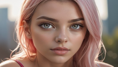 1girl,solo,long hair,looking at viewer,blue eyes,closed mouth,pink hair,blurry,lips,grey eyes,eyelashes,depth of field,blurry background,thick eyebrows,portrait,close-up,freckles,realistic,nose,green eyes,artist name,backlighting,mole on cheek