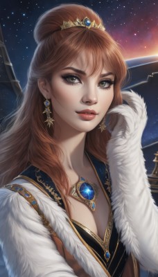 1girl,solo,long hair,breasts,looking at viewer,smile,brown hair,dress,cleavage,brown eyes,jewelry,medium breasts,green eyes,upper body,earrings,parted lips,sky,necklace,hair bun,lips,fur trim,eyelashes,makeup,night,single hair bun,gem,star (sky),night sky,starry sky,freckles,realistic,nose,red lips,bangs,artist name,tiara,lipstick,eyeshadow