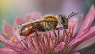 flower, blurry, no humans, depth of field, animal, bug, pink flower, flying, realistic, antennae, animal focus