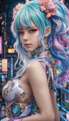 1girl,solo,long hair,breasts,looking at viewer,bangs,hair ornament,gloves,dress,bare shoulders,jewelry,medium breasts,closed mouth,blue hair,upper body,ponytail,pink hair,flower,multicolored hair,earrings,parted lips,sleeveless,hair flower,blurry,from side,two-tone hair,lips,grey eyes,petals,eyelashes,aqua hair,gradient hair,makeup,sleeveless dress,blurry background,wavy hair,lipstick,pink flower,eyeshadow,realistic,nose,mascara,blue eyes,twintails,swimsuit,sidelocks,bikini,outdoors,artist name,armor,looking to the side,night,depth of field,watermark,science fiction,pink lips,eyeliner,cyberpunk