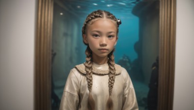 1girl,solo,long hair,looking at viewer,brown hair,dress,brown eyes,closed mouth,upper body,braid,indoors,white dress,blurry,twin braids,lips,grey eyes,child,hair over shoulder,forehead,freckles,realistic,pillar,column,blonde hair,dark skin,dark-skinned female,blurry background,nose