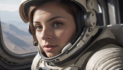 1girl,solo,looking at viewer,short hair,brown hair,brown eyes,parted lips,blurry,lips,blurry background,helmet,portrait,headset,freckles,reflection,science fiction,mountain,realistic,nose,spacesuit,space helmet,astronaut,teeth,backpack,close-up