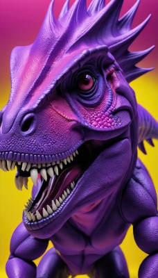 solo,looking at viewer,open mouth,simple background,red eyes,teeth,tongue,blurry,gradient,gradient background,no humans,fangs,sharp teeth,yellow background,monster,realistic,dragon,scales,tongue out,muscular,colored skin,veins,purple skin,horror (theme)