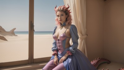 1girl,solo,long hair,breasts,looking at viewer,skirt,long sleeves,dress,cleavage,brown eyes,medium breasts,sitting,closed mouth,tail,pink hair,red hair,horns,sky,day,pointy ears,puffy sleeves,indoors,lips,window,ocean,beach,curtains,monster girl,corset,dragon horns,dragon girl,dragon tail,scales,hands on lap,blue eyes,brown hair,multicolored hair,two-tone hair