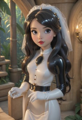 1girl,solo,long hair,breasts,looking at viewer,brown hair,black hair,gloves,dress,brown eyes,jewelry,standing,cowboy shot,small breasts,parted lips,shiny,belt,artist name,indoors,white gloves,white dress,black eyes,lips,bodysuit,makeup,plant,lipstick,veil,shiny clothes,red lips,nun,candle,latex,church,blush,bangs,teeth,tears,candlestand