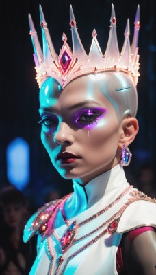 1girl,looking at viewer,jewelry,closed mouth,upper body,earrings,solo focus,shiny,dark skin,necklace,blurry,black eyes,lips,makeup,blurry background,glowing,colored skin,facial mark,crown,lipstick,gem,portrait,eyeshadow,colored sclera,nose,red lips,bald,facial tattoo,blue gemstone,solo,purple eyes,white hair,multiple boys,dark-skinned female,eyelashes,bodysuit,realistic,eyeliner,very short hair