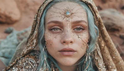 1girl,solo,long hair,looking at viewer,jewelry,blue hair,earrings,parted lips,solo focus,artist name,blurry,lips,grey eyes,eyelashes,aqua hair,depth of field,blurry background,gem,portrait,veil,close-up,freckles,realistic,brown eyes,necklace,headdress,head chain