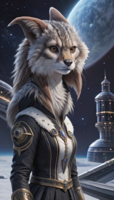 1girl,solo,long hair,breasts,skirt,long sleeves,brown eyes,jewelry,outdoors,horns,sky,night,moon,brooch,gem,star (sky),night sky,furry,full moon,starry sky,fantasy,furry female,space,body fur,planet,fur,dress,animal ears,closed mouth,jacket,upper body,necklace,black jacket,no humans,animal,realistic,earth (planet)