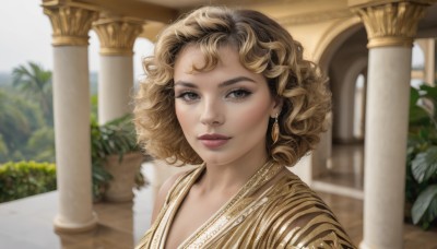 1girl,solo,looking at viewer,smile,short hair,blonde hair,brown hair,brown eyes,jewelry,closed mouth,upper body,multicolored hair,earrings,outdoors,day,mole,blurry,lips,looking to the side,grey eyes,eyelashes,makeup,blurry background,plant,portrait,curly hair,realistic,nose,potted plant,pillar,arch,column,bangs,dress,depth of field