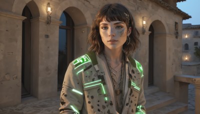 1girl,solo,looking at viewer,short hair,bangs,brown hair,black hair,hair ornament,brown eyes,jewelry,jacket,upper body,earrings,outdoors,parted lips,sky,day,hairclip,medium hair,necklace,lips,tattoo,glowing,facial mark,building,hoop earrings,realistic,nose,facepaint,facial tattoo,teeth,blue sky,window,scenery,freckles,science fiction,light