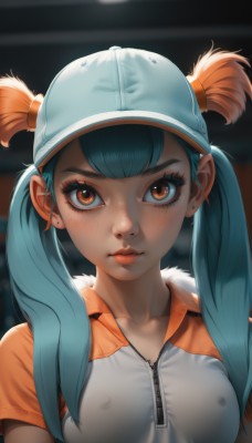 1girl,solo,long hair,breasts,looking at viewer,blush,bangs,shirt,hat,twintails,brown eyes,jewelry,medium breasts,closed mouth,blue hair,collarbone,jacket,upper body,short sleeves,earrings,small breasts,blurry,covered nipples,lips,orange eyes,eyelashes,aqua hair,blurry background,piercing,ear piercing,baseball cap,zipper,freckles,stud earrings,raglan sleeves,hair through headwear,artist name,night,thick eyebrows,backlighting,nose,zipper pull tab