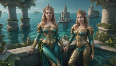 long hair,breasts,looking at viewer,smile,blue eyes,multiple girls,blonde hair,brown hair,dress,2girls,cleavage,bare shoulders,brown eyes,medium breasts,closed mouth,standing,collarbone,outdoors,sky,day,artist name,cloud,water,armor,blue sky,lips,bodysuit,holding hands,siblings,ocean,leaf,tiara,crown,plant,sisters,dual persona,twins,realistic,pillar,castle,parted lips,tree,bird,green dress,watercraft,green bodysuit