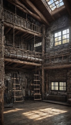 day,indoors,no humans,window,chair,table,sunlight,scenery,light rays,wooden floor,stairs,railing,ruins,ladder,barrel,shadow,fantasy,wall,wood