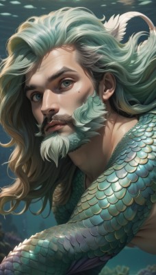 solo,long hair,looking at viewer,blue eyes,brown hair,1boy,closed mouth,upper body,male focus,green hair,artist name,mole,blurry,lips,mole under eye,facial hair,portrait,beard,underwater,realistic,mustache,scales,green eyes,white hair,multicolored hair,floating hair,thick eyebrows,fish,monster boy,mole on cheek