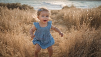 1girl,solo,smile,short hair,open mouth,blue eyes,blonde hair,hair ornament,dress,standing,outdoors,sky,teeth,hairclip,blurry,blue dress,child,clenched hands,running,realistic,female child,field,hairband,day,water,grass