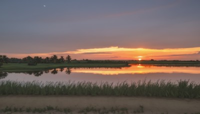 outdoors,sky,cloud,water,tree,no humans,ocean,grass,nature,scenery,reflection,sunset,sun,horizon,road,river,evening,landscape,gradient sky,orange sky,hill,moon,cloudy sky,plant,forest,twilight,lake