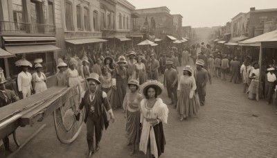 multiple girls,hat,dress,jewelry,monochrome,greyscale,outdoors,multiple boys,dark skin,necklace,bag,facial hair,6+girls,ground vehicle,building,beard,6+boys,robe,city,straw hat,road,old,sepia,street,cane,crowd,short hair,holding,dark-skinned female,mask,umbrella,scenery,walking,sun hat,old woman,people