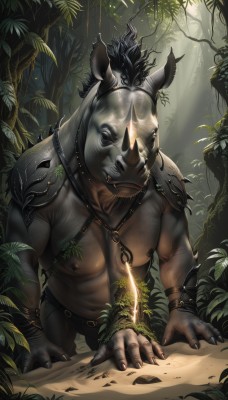 solo,1boy,navel,jewelry,nipples,male focus,outdoors,horns,teeth,day,pants,armor,tree,mask,muscular,glowing,colored skin,animal,leaf,fangs,abs,sunlight,pectorals,plant,muscular male,all fours,shoulder armor,nature,bara,forest,large pectorals,pauldrons,topless male,furry male,harness,tusks,animal ears,necklace,furry,faceless,rock,chest hair