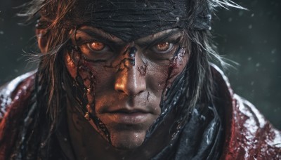 solo,looking at viewer,brown hair,1boy,brown eyes,closed mouth,male focus,scarf,orange eyes,blood,headband,scar,portrait,snow,close-up,blood on face,snowing,realistic,bandana,black hair,glowing,glowing eyes,scar on face,manly