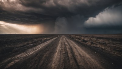 monochrome,outdoors,sky,cloud,no humans,ocean,sunlight,cloudy sky,scenery,light rays,mountain,horizon,road,sunbeam,landscape,day,bird,sand