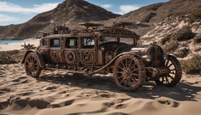 weapon,outdoors,sky,day,artist name,cloud,tree,blue sky,gun,military,no humans,shadow,ground vehicle,scenery,motor vehicle,mountain,sand,military vehicle,tank,vehicle focus,machine gun,desert,wheel,truck,signature,rock,mountainous horizon,tire