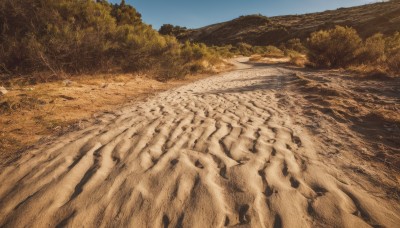 outdoors,sky,day,tree,blue sky,no humans,traditional media,grass,nature,scenery,forest,mountain,road,river,landscape,path,desert,beach,sand