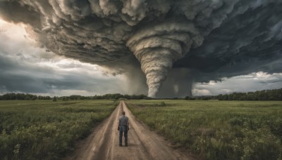 solo,shirt,1boy,standing,male focus,outdoors,sky,day,pants,cloud,bag,from behind,tree,backpack,cloudy sky,grass,nature,scenery,1other,walking,monster,road,field,wide shot,landscape,path