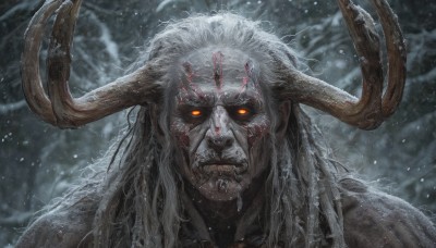 solo,long hair,looking at viewer,1boy,weapon,white hair,male focus,horns,teeth,sword,orange eyes,blood,glowing,facial hair,portrait,glowing eyes,beard,snow,snowing,antlers,upper body,grey hair,outdoors,pointy ears,blurry,colored skin,messy hair,colored sclera,grey skin,tusks