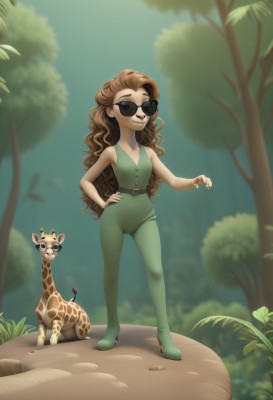 1girl,solo,long hair,smile,brown hair,bare shoulders,standing,full body,boots,outdoors,day,belt,artist name,blurry,high heels,flat chest,tree,hand on hip,bodysuit,blurry background,animal,wavy hair,sunglasses,grass,nature,forest,curly hair,mushroom,aviator sunglasses,breasts,open mouth,dress,small breasts,sleeveless,bare arms,depth of field,leaf,watermark,cat,thick eyebrows,high heel boots,green dress,green footwear